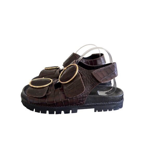 ASRA Womens Brown Croc-Embossed Chunky Sandals With Gold Buckles - Picture 3 of 15